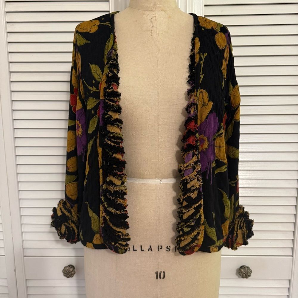 Floral Ruffle Trim Cardigan/Jacket - Black, Yellow, Purple